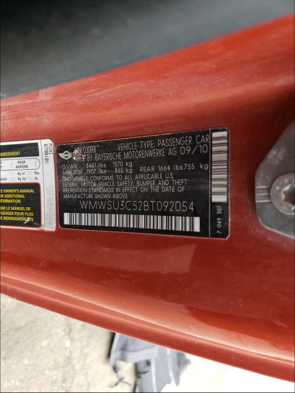 2011 MINI COOPER WMWSU3C52BT092054