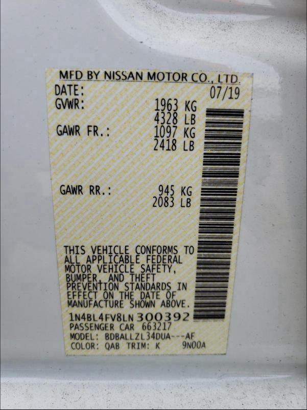 2020 NISSAN ALTIMA PLA 1N4BL4FV8LN300392