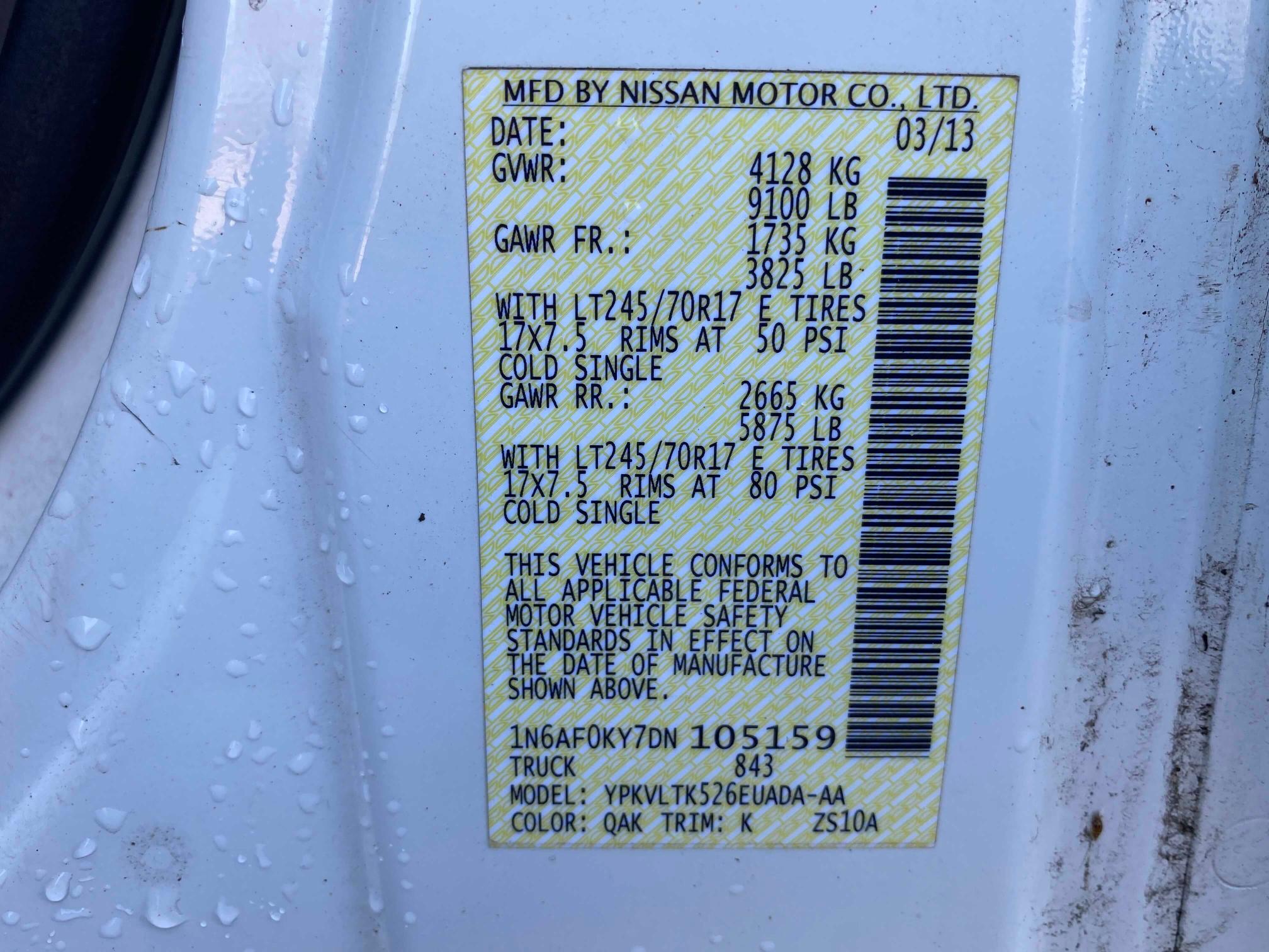 2013 NISSAN NV 2500 1N6AF0KY7DN105159