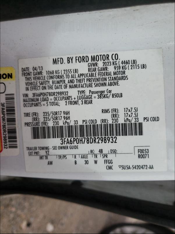 2013 FORD FUSION SE 3FA6P0H78DR298932