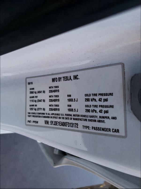 2019 TESLA MODEL 3 5YJ3E1EA0KF313172