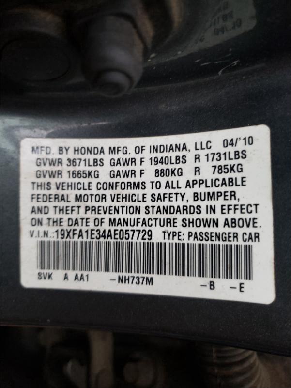 2010 HONDA CIVIC VP 19XFA1E34AE057729