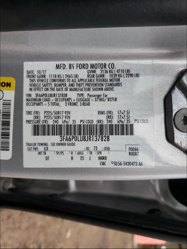 3FA6P0LU8JR137828 FORD FUSION 2018