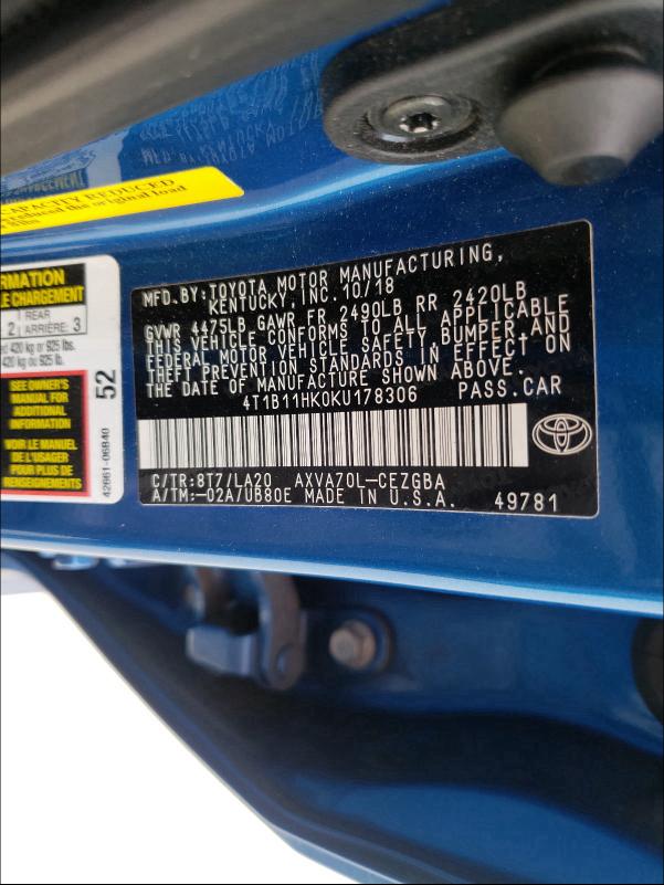 2019 TOYOTA CAMRY L 4T1B11HK0KU178306
