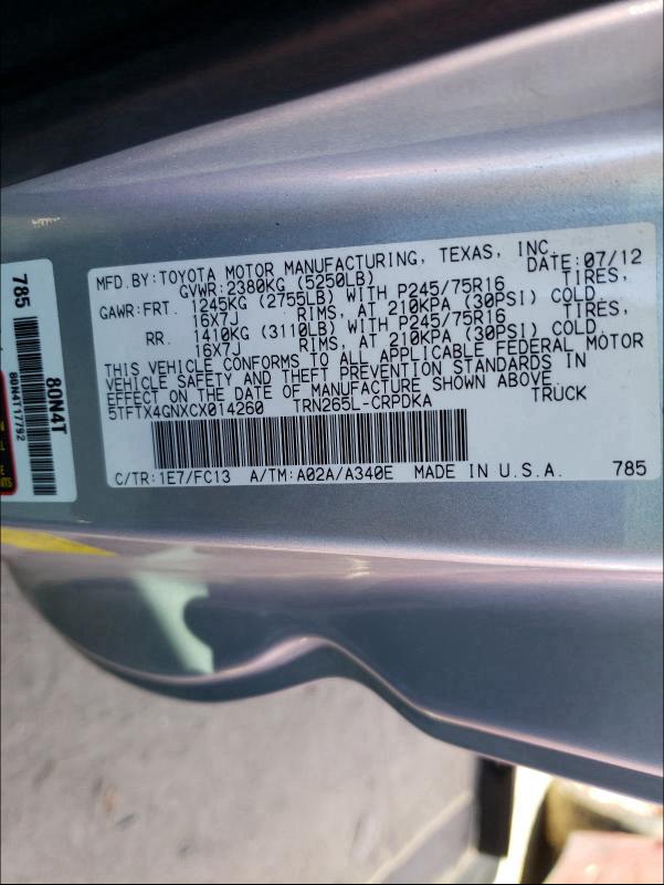 2012 TOYOTA TACOMA PRE 5TFTX4GNXCX014260