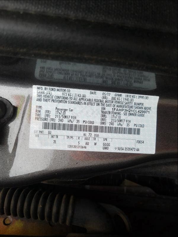 2012 FORD FOCUS SEL 1FAHP3H21CL429971