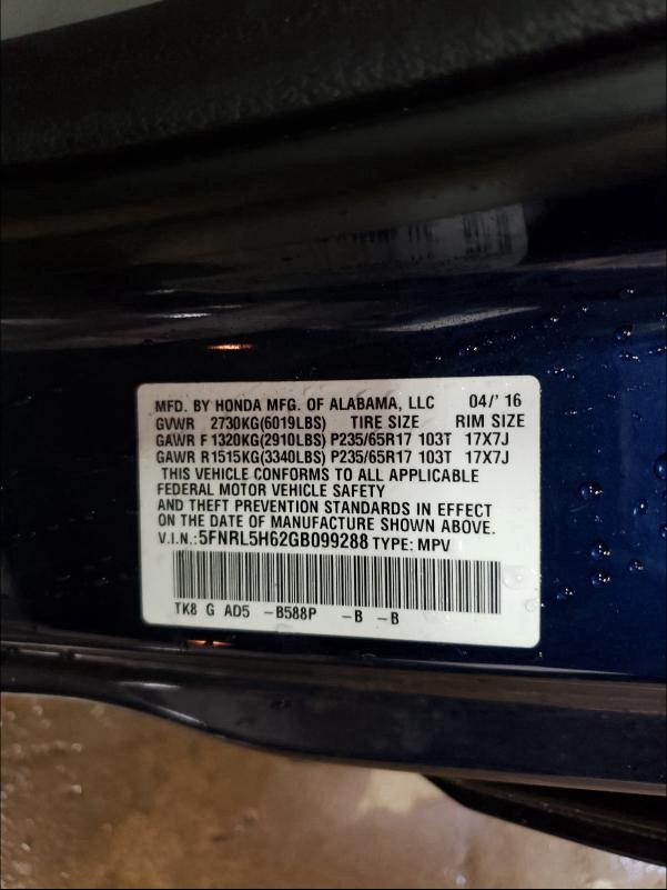 2016 HONDA ODYSSEY 5FNRL5H62GB099288