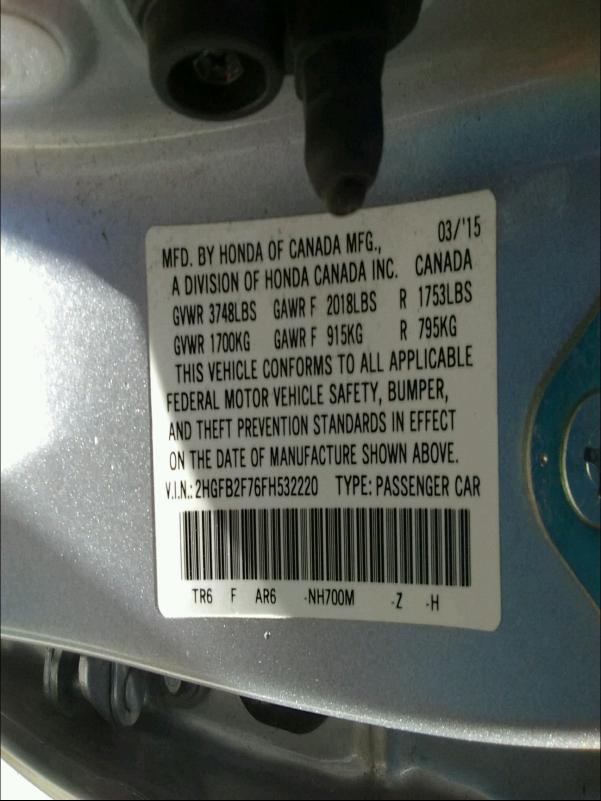 2015 HONDA CIVIC SE 2HGFB2F76FH532220