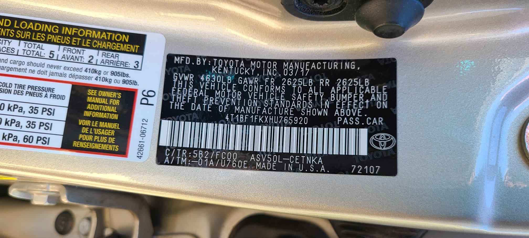 2017 TOYOTA CAMRY LE 4T1BF1FKXHU765920