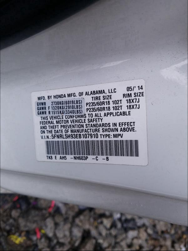 2014 HONDA ODYSSEY TO 5FNRL5H93EB107910