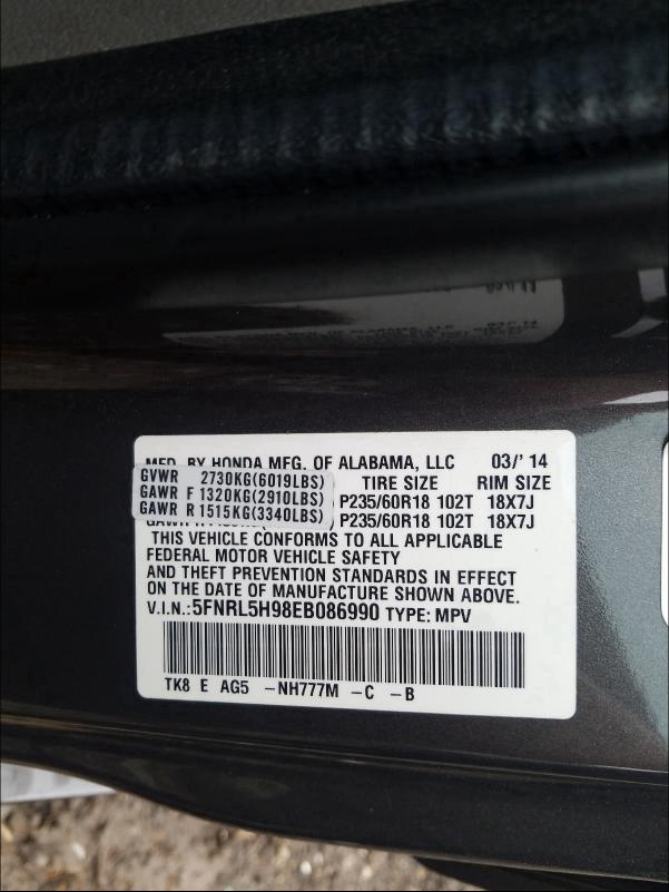 2014 HONDA ODYSSEY TO 5FNRL5H98EB086990