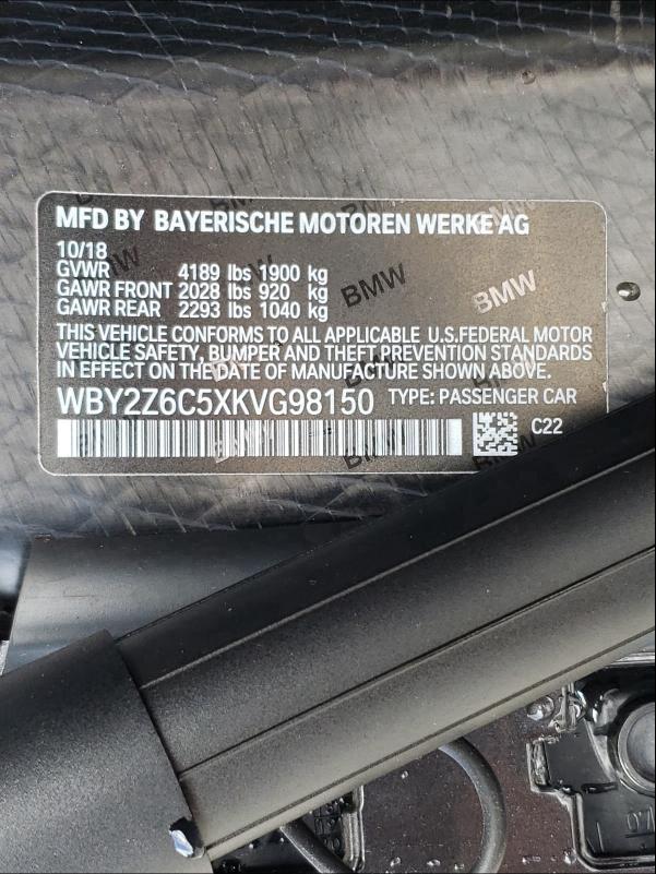 VIN WBY2Z6C5XKVG98150 2019 BMW I8 no.10