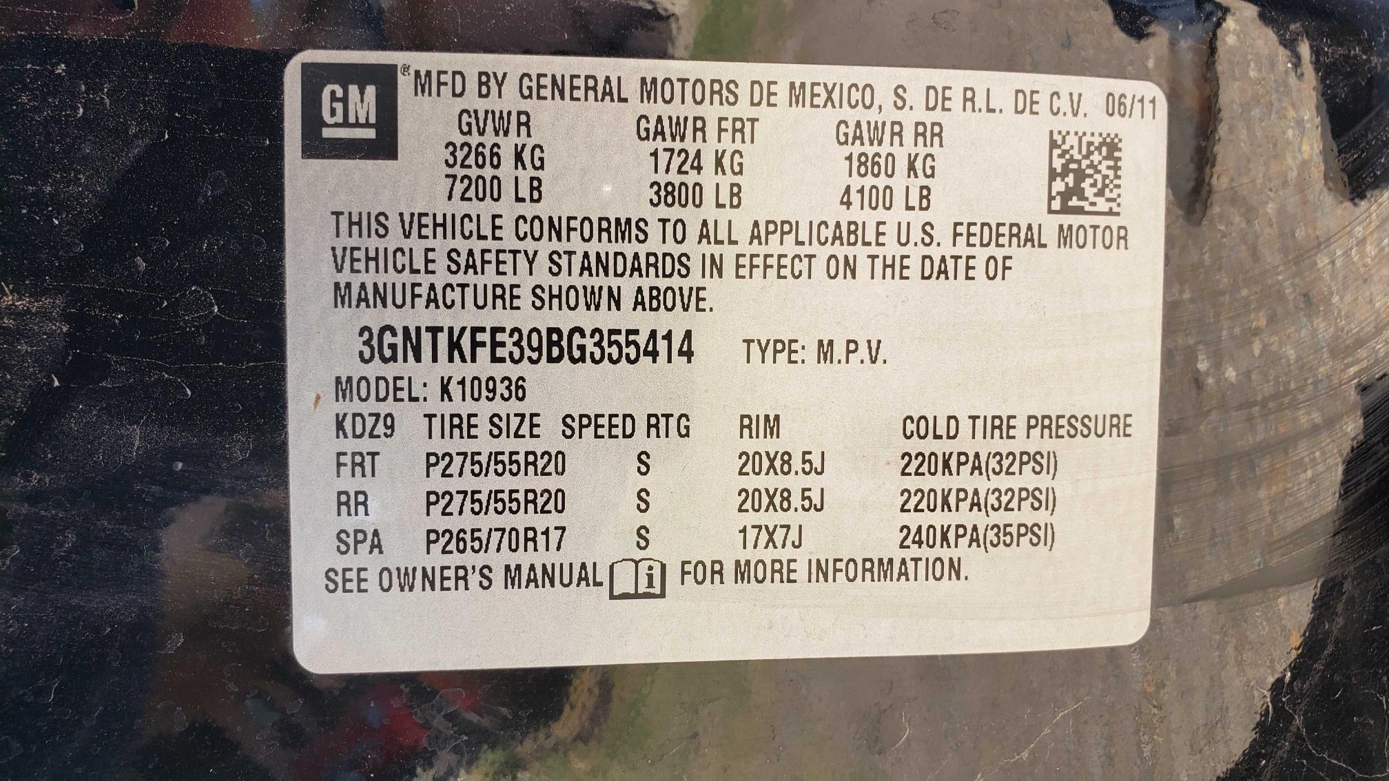 2011 CHEVROLET AVALANCHE 3GNTKFE39BG355414
