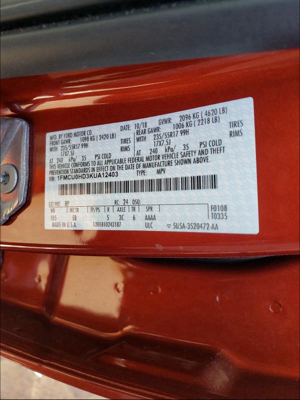 2019 FORD ESCAPE SEL 1FMCU0HD3KUA12403