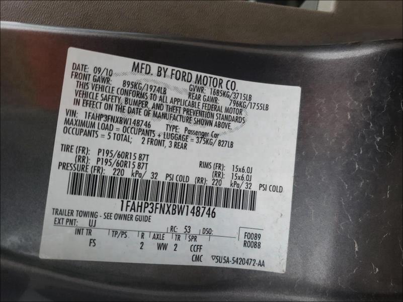 2011 FORD FOCUS SE 1FAHP3FNXBW148746