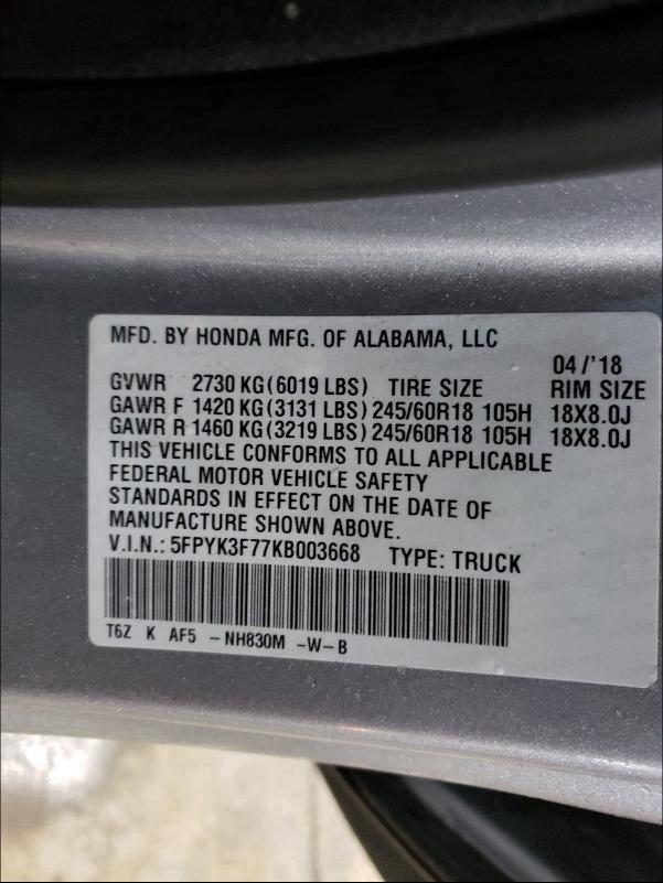2019 HONDA RIDGELINE 5FPYK3F77KB003668