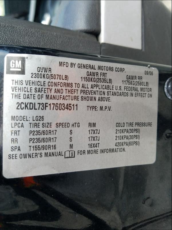 VIN: 2CKDL73F176034511 Auction: COPART Lot: 37465051 Location: GA - CARTERSVILLE 2CKDL73F176034511 PONTIAC TORRENT 2007 BLACK Photo 10