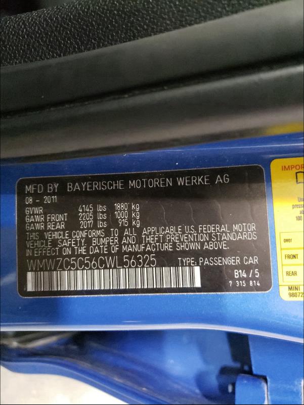 2012 MINI COOPER WMWZC5C56CWL56325