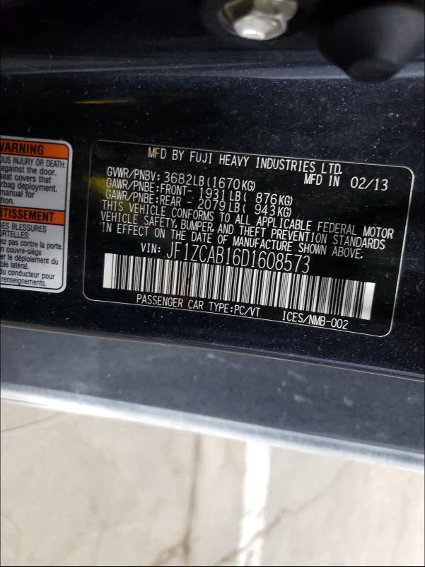 2013 SUBARU BRZ 2.0 PR JF1ZCAB16D1608573