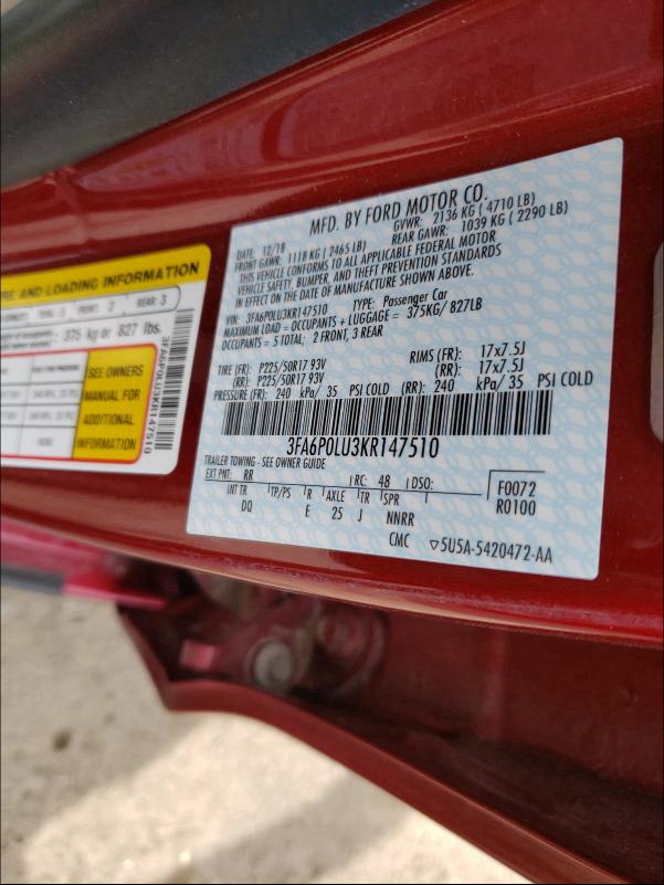 2019 FORD FUSION SE 3FA6P0LU3KR147510
