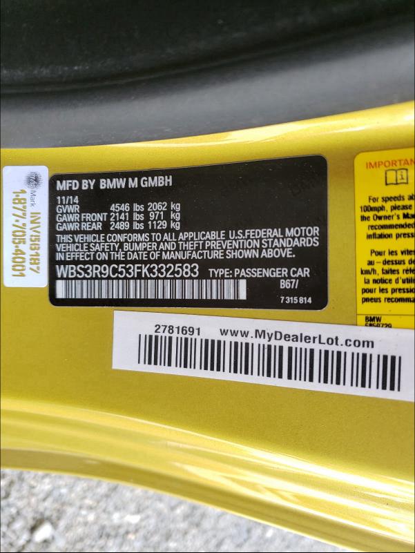 2015 BMW M4 WBS3R9C53FK332583