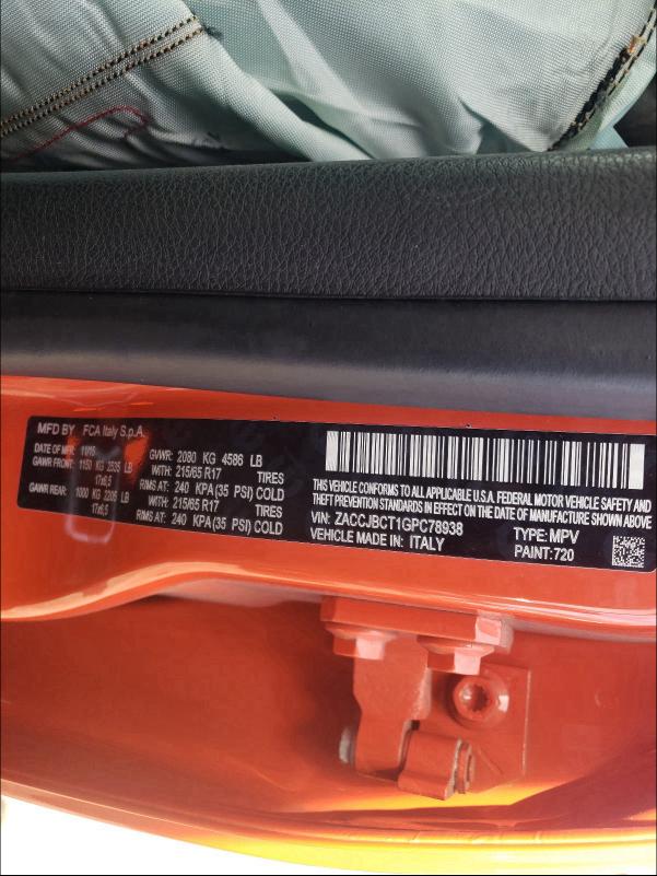 2016 JEEP RENEGADE T ZACCJBCT1GPC78938