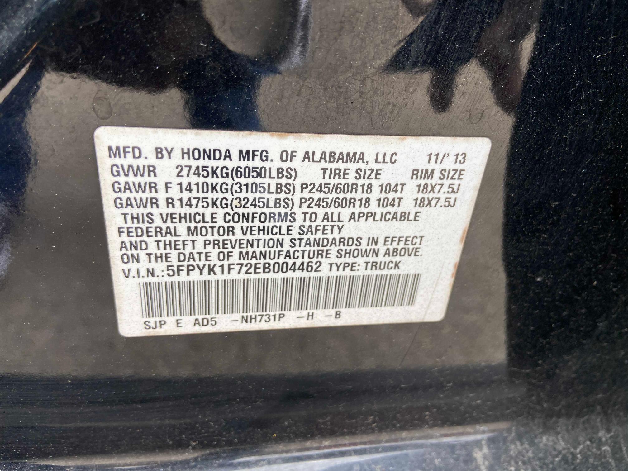 2014 HONDA RIDGELINE 5FPYK1F72EB004462