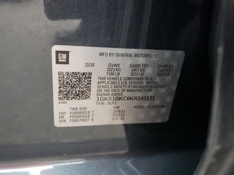 2019 GMC YUKON SLT 1GKS1BKC6KR243131