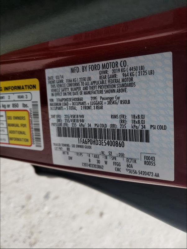 2014 FORD FUSION SE 1FA6P0HD3E5400860