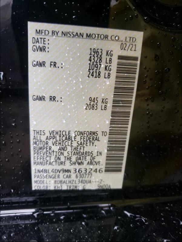 2021 NISSAN ALTIMA SV 1N4BL4DV9MN363246