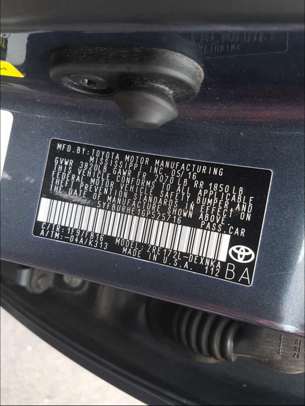 2016 TOYOTA COROLLA L 5YFBURHE1GP525716