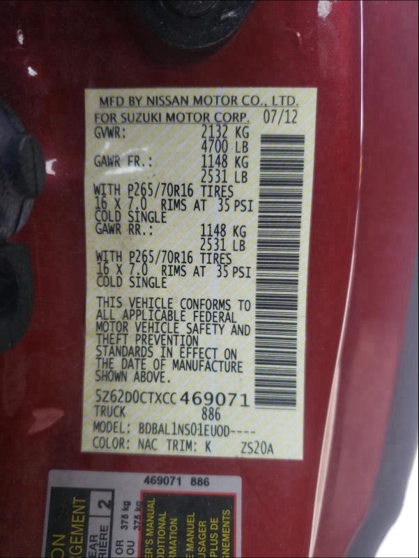 2012 SUZUKI EQUATOR BA 5Z62D0CTXCC469071