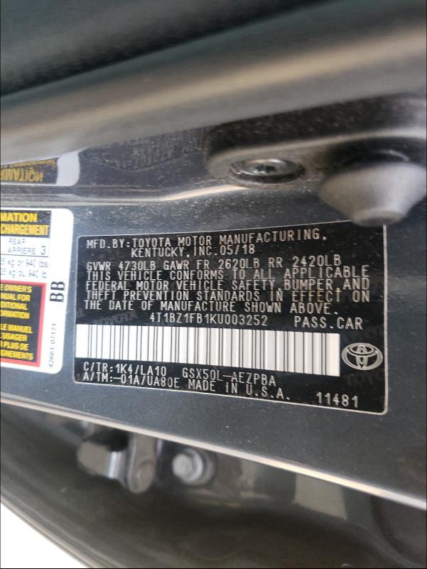 2019 TOYOTA AVALON XLE 4T1BZ1FB1KU003252