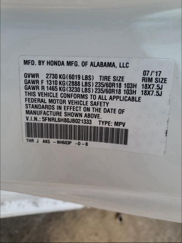 2018 HONDA ODYSSEY TO 5FNRL6H80JB021333