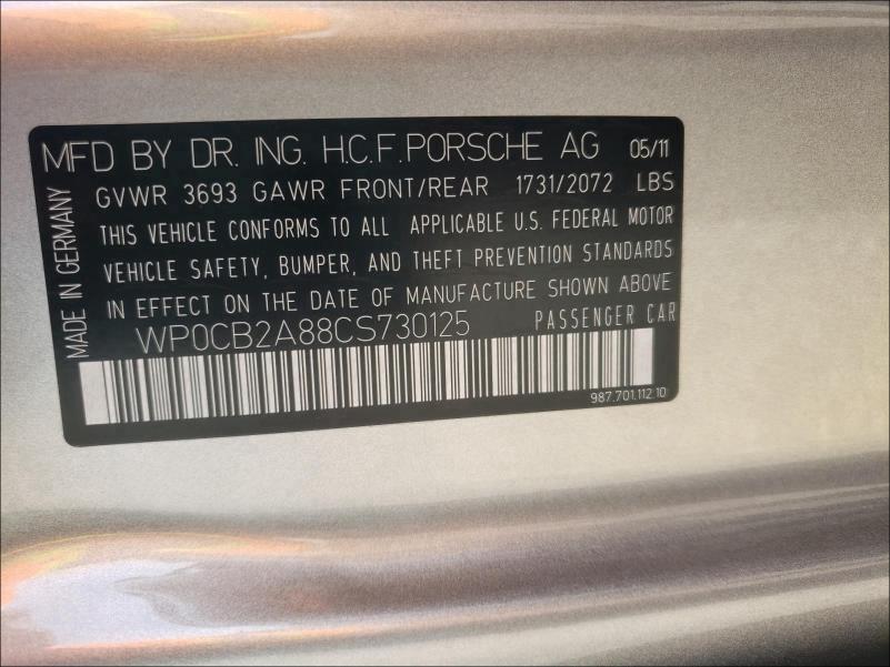 2012 PORSCHE BOXSTER S WP0CB2A88CS730125