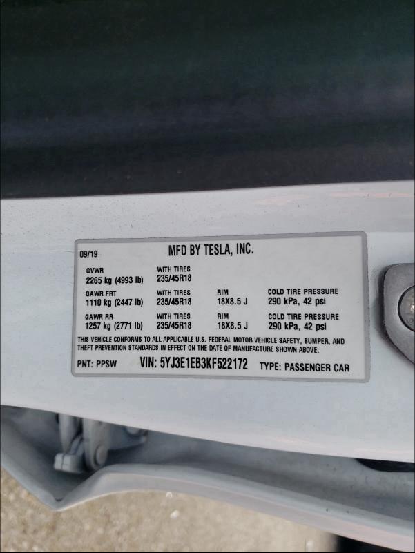2019 TESLA MODEL 3 5YJ3E1EB3KF522172