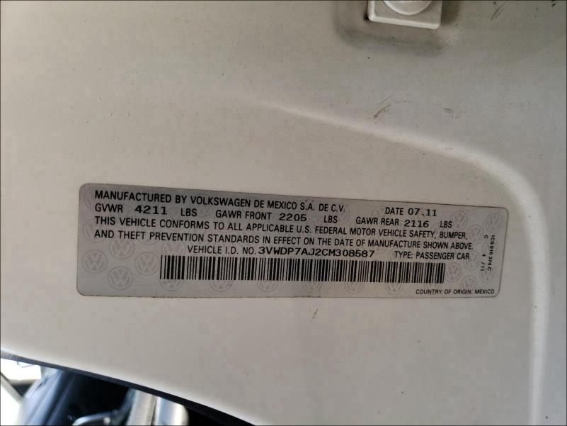 2012 VOLKSWAGEN JETTA SE 3VWDP7AJ2CM308587
