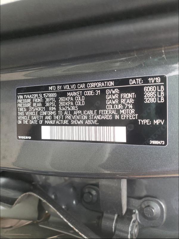 2020 VOLVO XC90 T6 IN YV4A22PL5L1578889