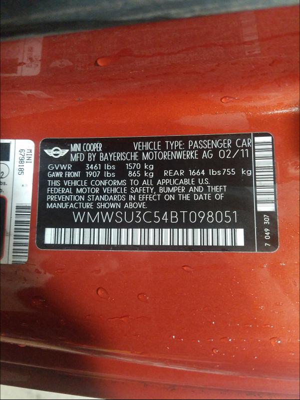 2011 MINI COOPER WMWSU3C54BT098051