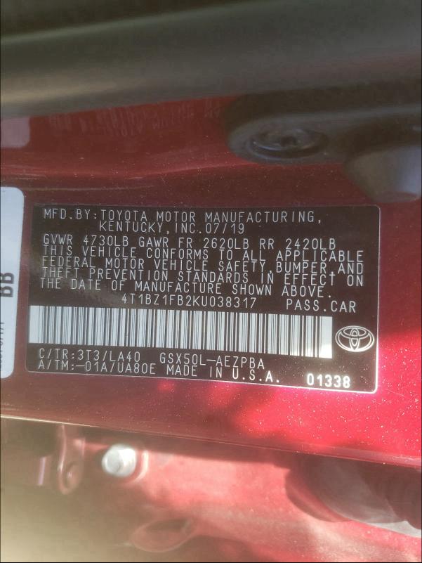 2019 TOYOTA AVALON XLE 4T1BZ1FB2KU038317