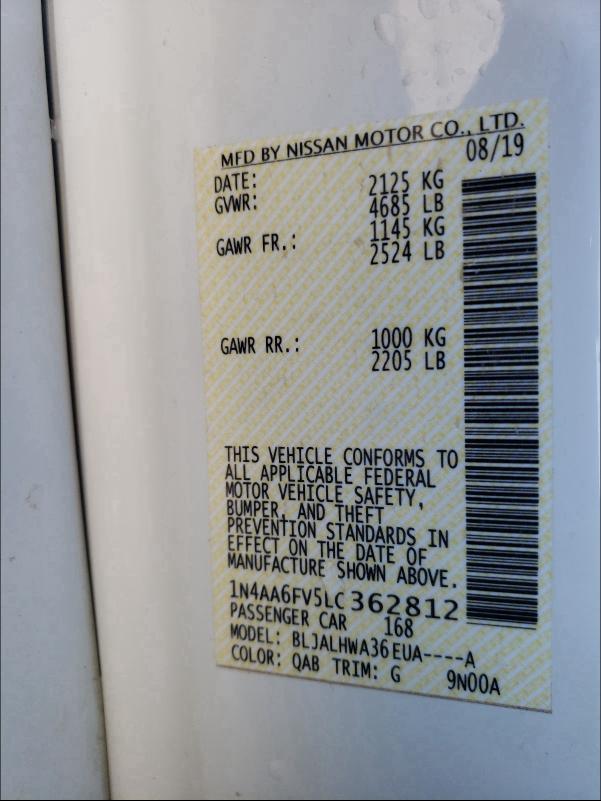 2020 NISSAN MAXIMA PLA 1N4AA6FV5LC362812