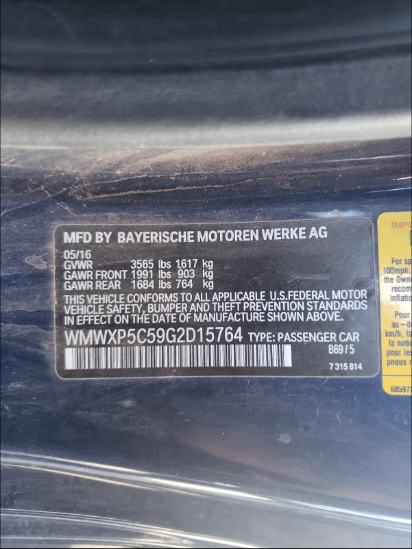 2016 MINI COOPER WMWXP5C59G2D15764