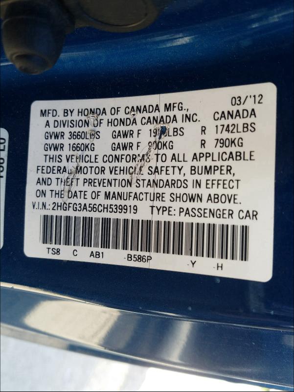 2012 HONDA CIVIC LX 2HGFG3A56CH539919