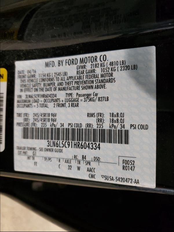 2017 LINCOLN MKZ SELECT 3LN6L5C91HR604334