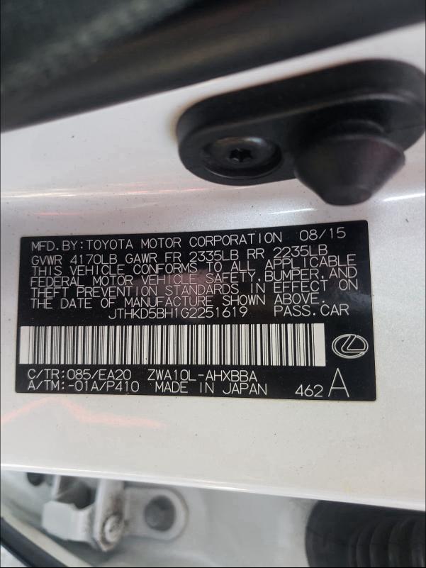 2016 LEXUS CT200H JTHKD5BH1G2251619