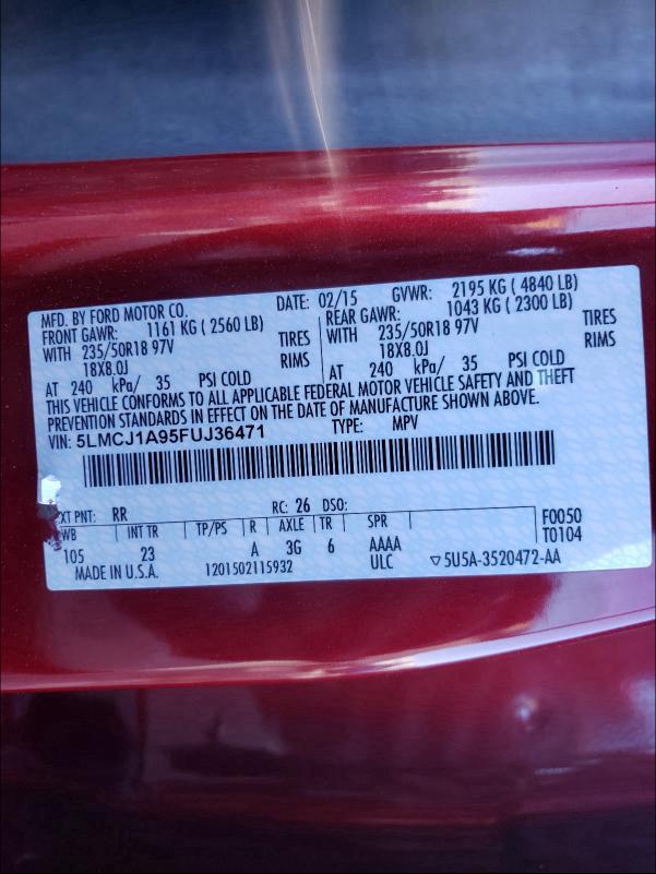 2015 LINCOLN MKC 5LMCJ1A95FUJ36471