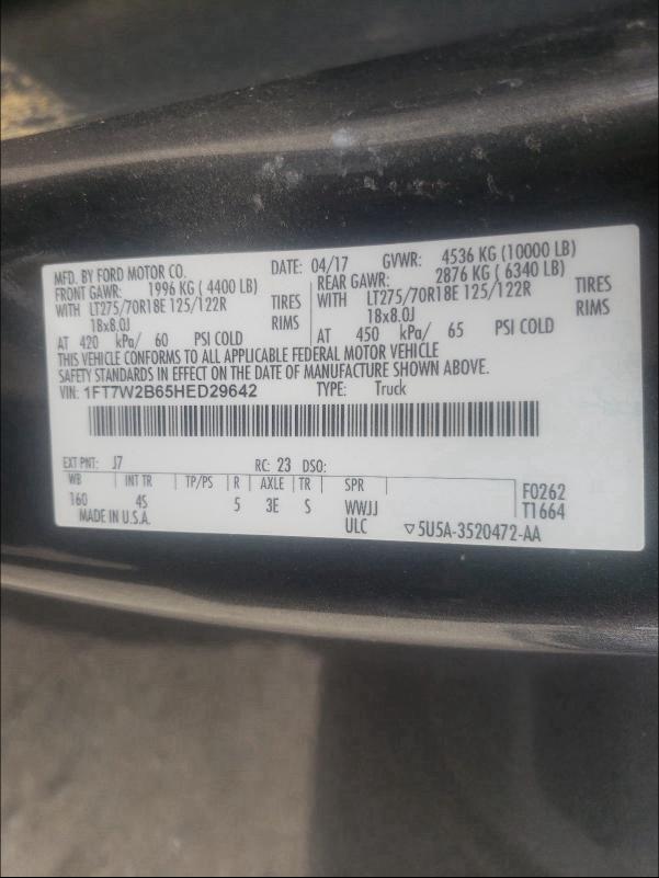 2017 FORD F250 SUPER 1FT7W2B65HED29642