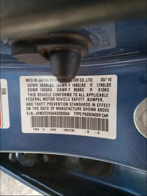 2010 HONDA INSIGHT LX JHMZE2H56AS035604
