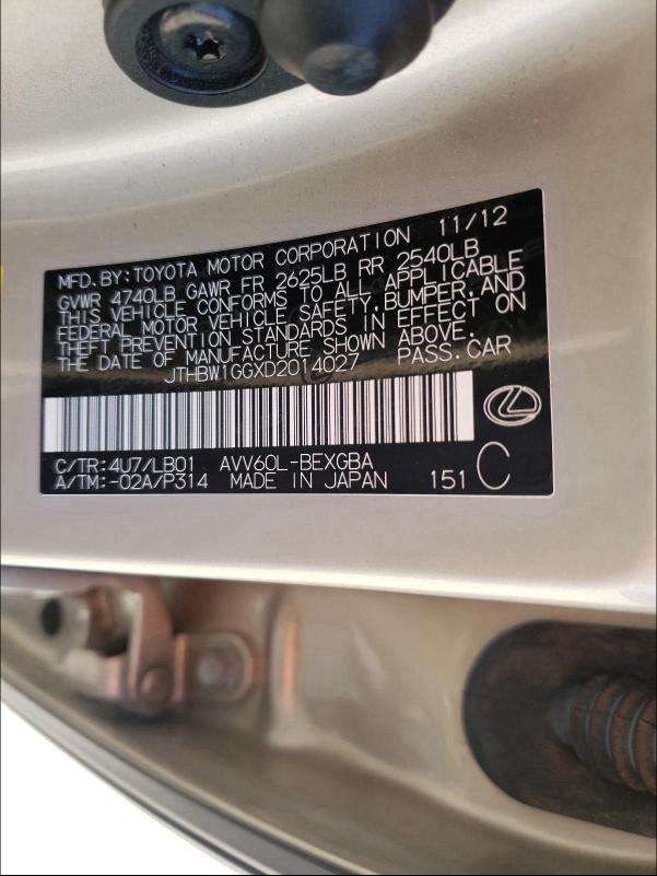 2013 LEXUS ES 300H JTHBW1GGXD2014027