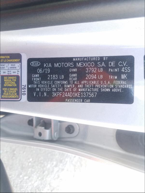 2019 KIA FORTE FE 3KPF24AD1KE137567